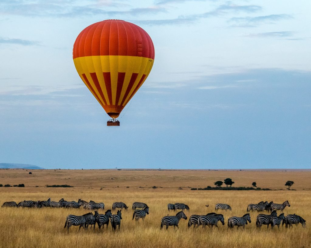 Hot-air balloon over the Masai Mara landscape