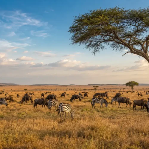 Zebras and wildebeest grazing on the Masai Mara, a 6-day Kenya and Tanzania safari
