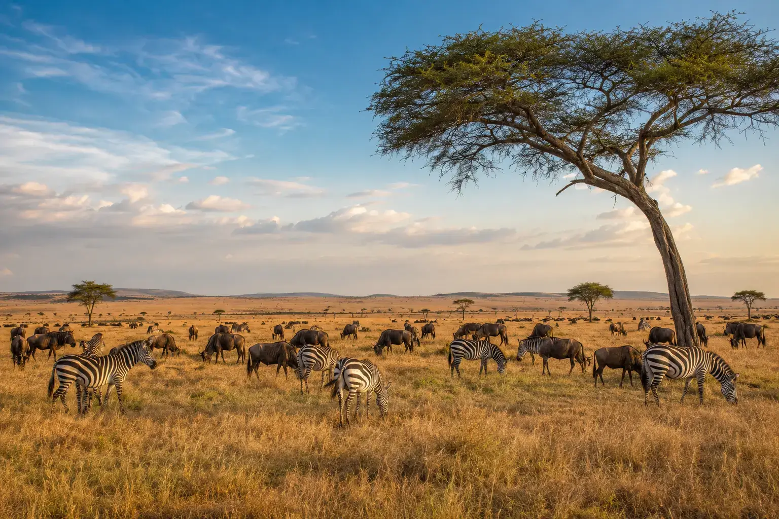 Zebras and wildebeest grazing on the Masai Mara, a 6-day Kenya and Tanzania safari