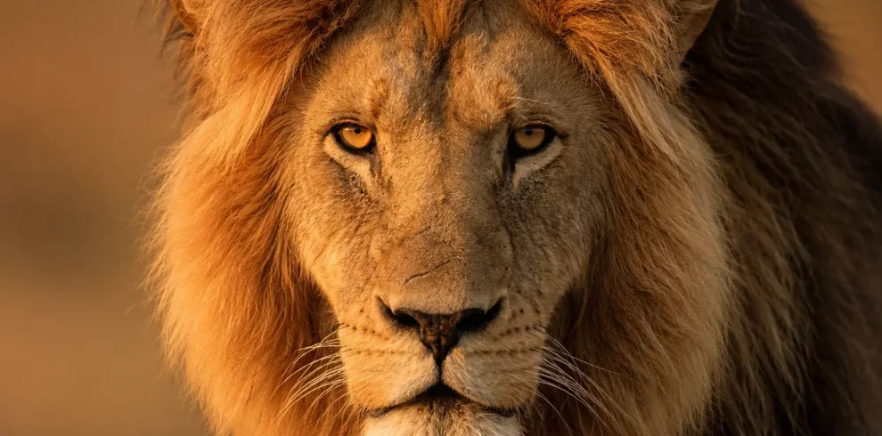 Male lion with a full mane in golden light on a Big Five safari in Kenya