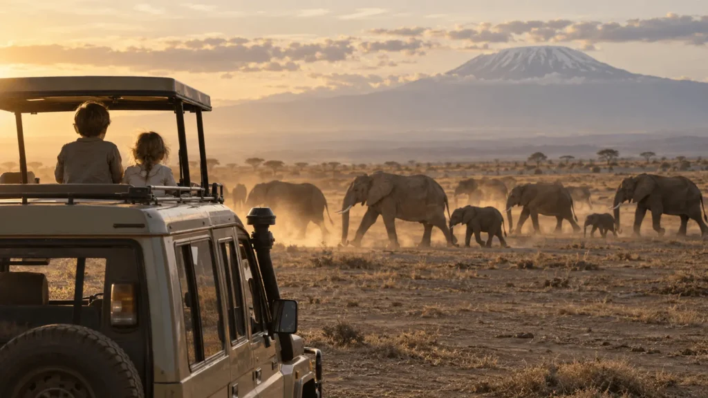 Two children looking through the open roof hatch of a safari vehicle at elephants in Amboseli National Park