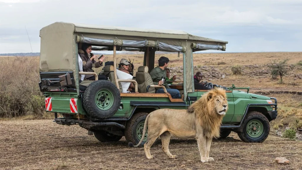 tourists on a safari vehicle in Kenya