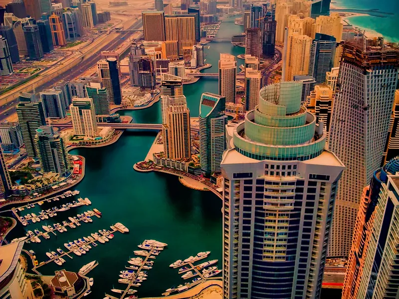 Aerial view of Dubai Marina towers and the harbour below